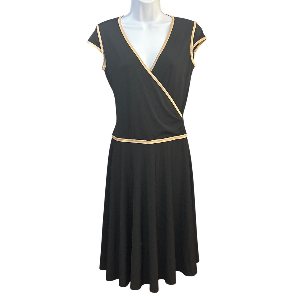 Francais Montreal Black Gold Trim V-Neck Wrap Drop Waist Flared Dress Size 6